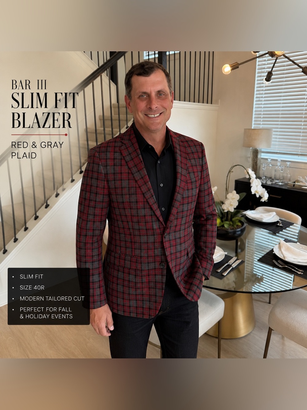 Bar III Men’s 40R Slim Fit Red Gray Plaid Blazer Sport Coat